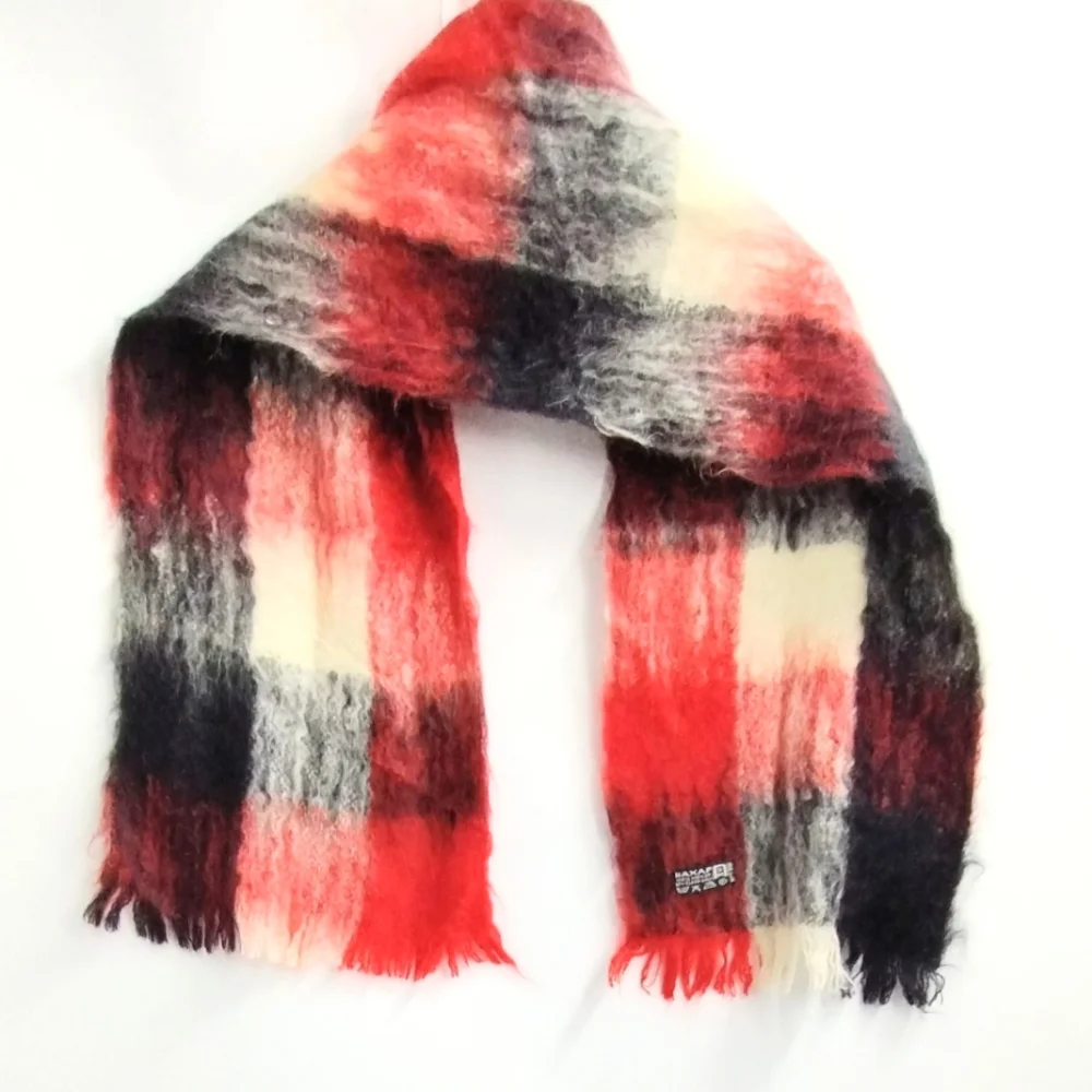 Vintage Mohair Blend Buffalo Plaid‎ Red and Black Scarf
